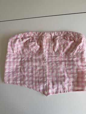 Free People Pink and White Smocked Strapless Top XL